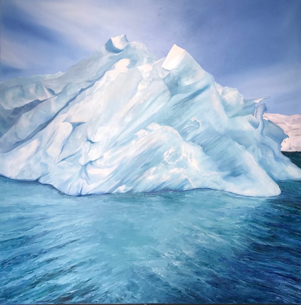 One of Laura Porteous' original oil on canvas landscape paintings. This is an iceberg in Svalbard. The sea surrounding it is turquoise.