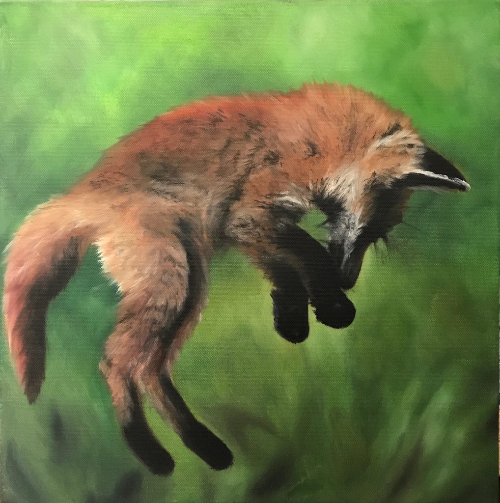 One of Laura's original animal collections. Oil on canvas paintings. A jumping fox cub on a bright green background.