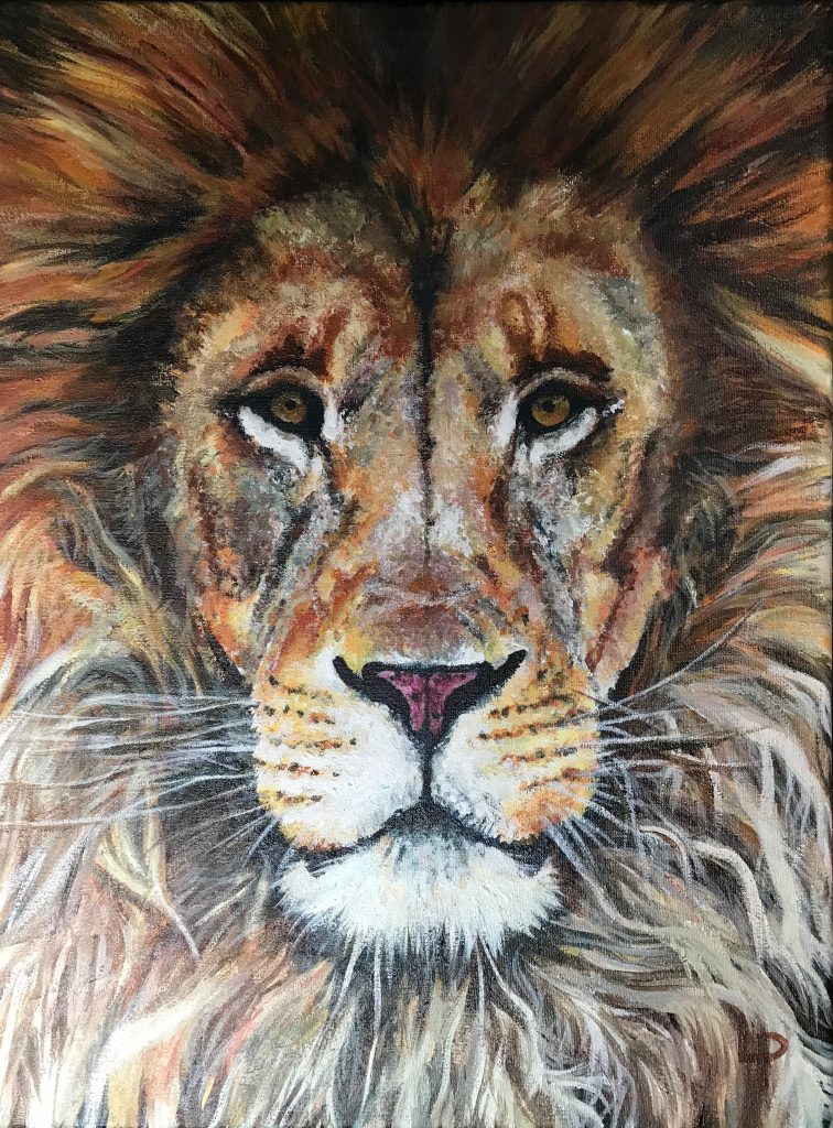 One of Laura's original animal collection. acrylic on canvas paintings. A close up of a lion's face with lots of orange and yellow tones.