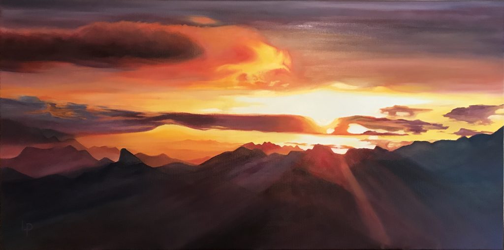 Sky scape over the backside of Mont Fort, Verbier at sunrise. There's a cloud shaped like a pegasus with the piercing sun shining through. Oil on canvas long landscape painting with lots of warm fiery colours.