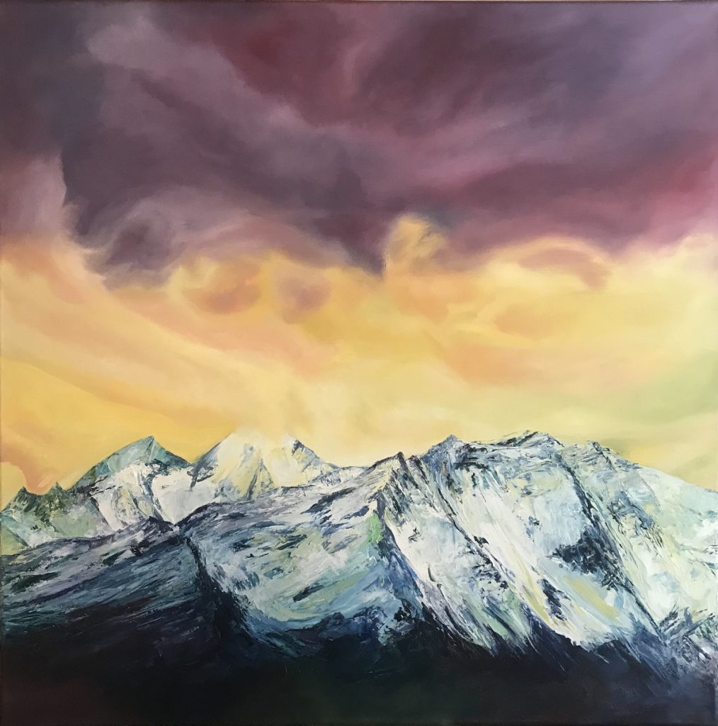 One of Laura Porteous' original landscape artworks. A hyper-coloured rendition of a familiar view from the resort of Verbier. Heavy yellow and blue snow clouds begin to enshroud the mountains below.