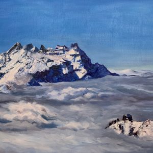 One of Laura Porteous' original oil on canvas landscape paintings. Dents du midi and Pierre Avoi standing proud above a sea of cloud.