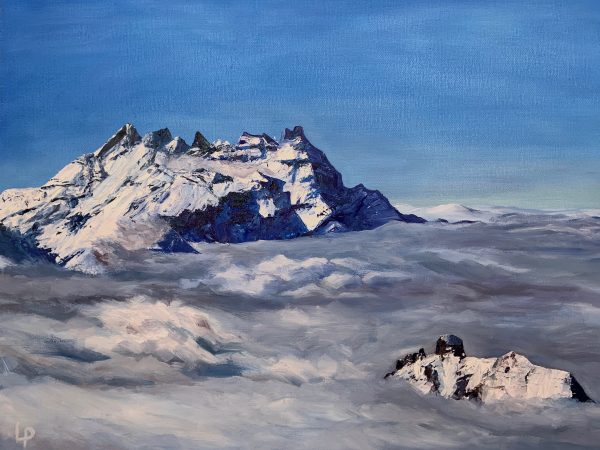 One of Laura Porteous' original oil on canvas landscape paintings. Dents du midi and Pierre Avoi standing proud above a sea of cloud.