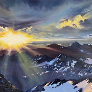 Dramatic skyscape over high Swiss alpine mountains. View from the top of Mont Fort, Verbier at sunrise. Oil on canvas featuring lots of purples and yellows. One of Laura Porteous' original landscape artworks.