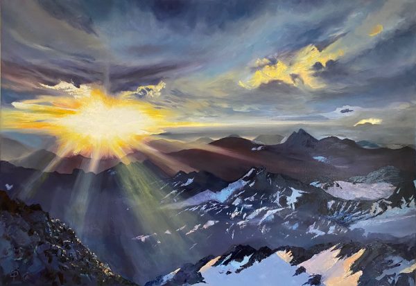 Dramatic skyscape over high Swiss alpine mountains. View from the top of Mont Fort, Verbier at sunrise. Oil on canvas featuring lots of purples and yellows. One of Laura Porteous' original landscape artworks.