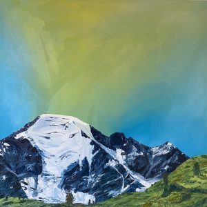 One of Laura Porteous' original landscape artworks. Glacial peak of the Petit Combin dominating the warm summer air. This hyper coloured sky resonates with the atmosphere