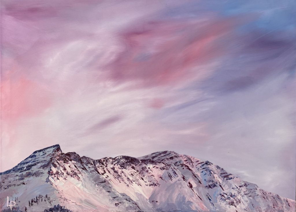 Pink and purple sunset clouds over an alpine ridge-line in Valais, Switzerland. Oil on canvas painting featuring Mont Rogneux.