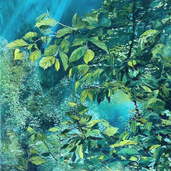 One of Laura's original landscape oil on canvas paintings. In the flora collection. This features lots of greens and depth of foliage and much texture from a palette knife application.
