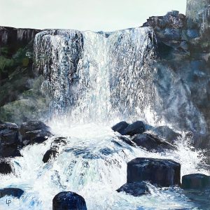 One of Laura Porteous' original oil on canvas landscape paintings. Featuring a waterfall in Iceland's national park, Pingvellir. The colours are subdued and cold.