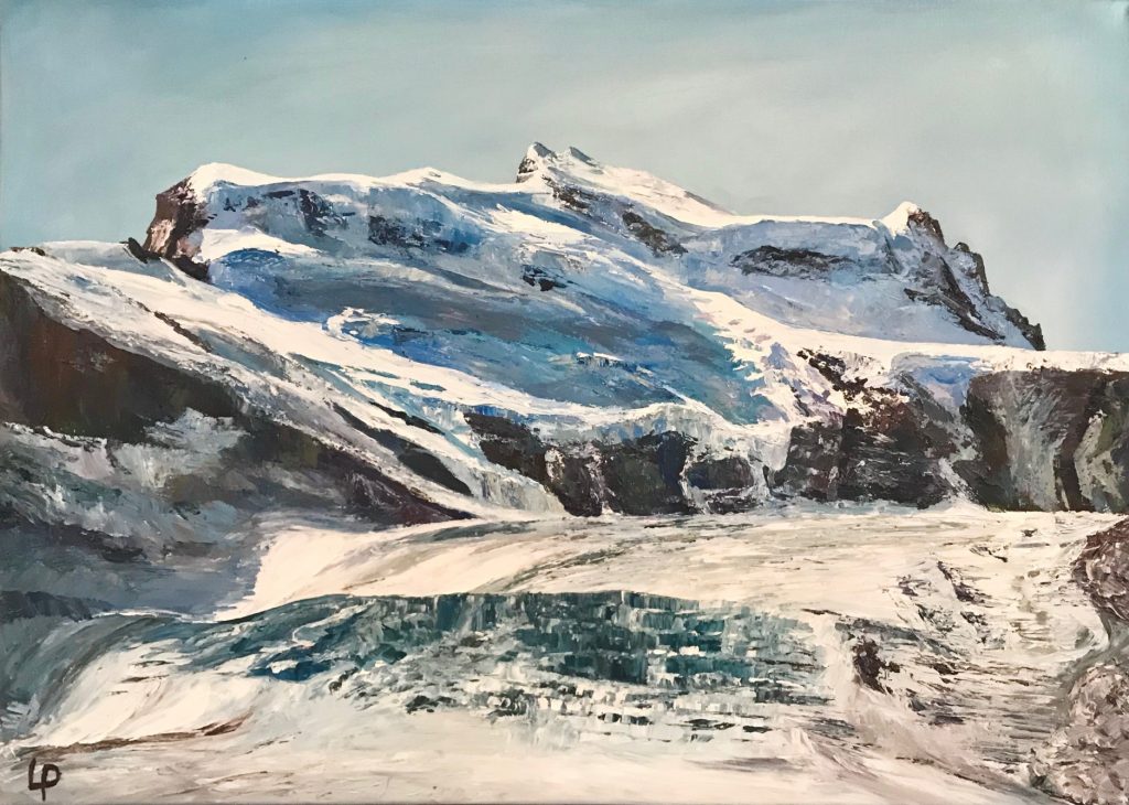 One of Laura Porteous' original oil on canvas landscape paintings. Featuring the Grand Combin and the glacier the Corbassiere in front of it. Colours show the ice to be blue and turquoise on a blue sky day.