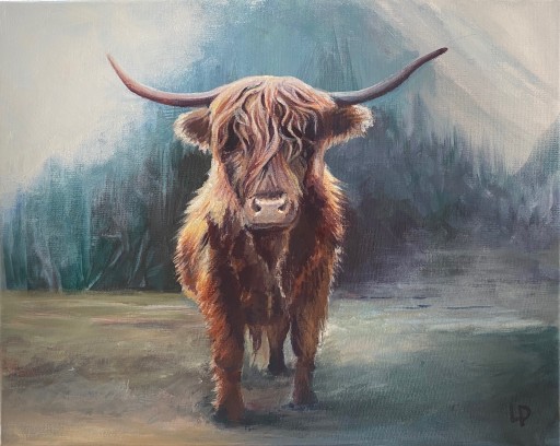 One of Laura's original animal acrylic on canvas paintings. A Highland Cow stares back in a misty mountain scene.