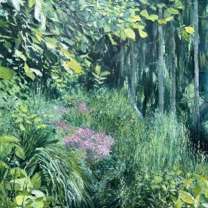 One of Laura Porteous' original landscape artworks in the flora collection. Lots of green foliage in the hidden trail in the forest. A clump of pink flowers in the middle of it.