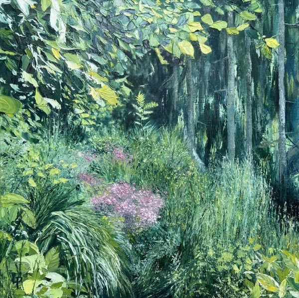 One of Laura Porteous' original landscape artworks in the flora collection. Lots of green foliage in the hidden trail in the forest. A clump of pink flowers in the middle of it.