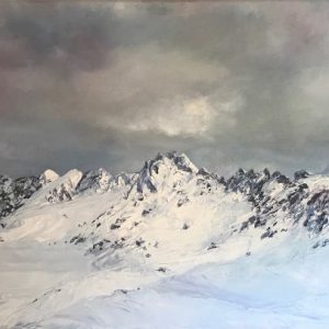 Lac des Vaux. One of Laura Porteous' original landscape artworks. A familiar snowy ridge line to anyone that knows the ski resort of Verbier.