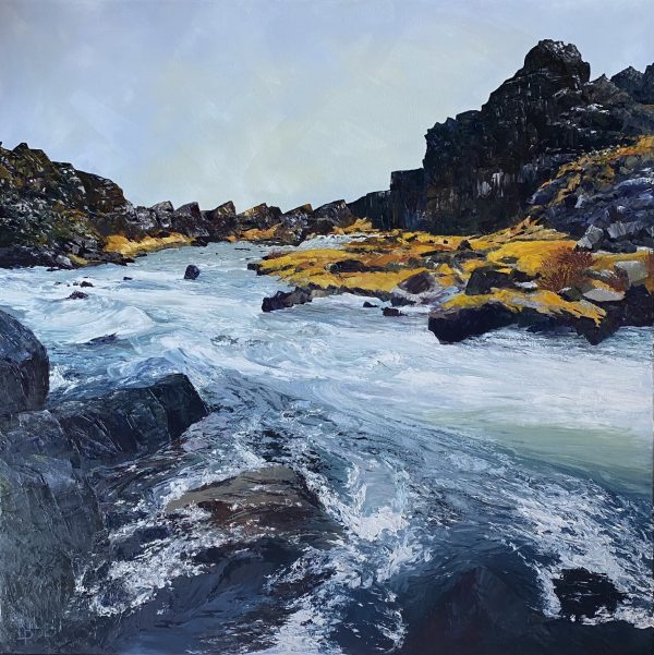 Icelandic cold, spring, landscape. "Up River" in Pingvellir National Park. Palette knife textural painting.
