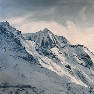 Monochrome painting of La Ruinette, Valais. Alpine snowy mountain painting.