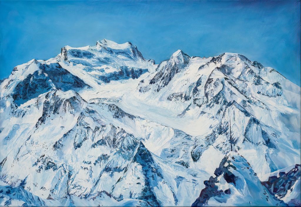 Les Combins depuis Mont Fort, Verbier. A palette knife painting of a wintery alpine landscape. Snowy and glacial mountains.