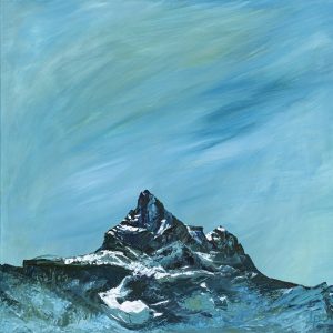 One of Laura Porteous' original landscape artworks. Featuring the Dents du Midi from he Valais Romandie autoroute. The green sky represents the blistering heat of summer almost bleaching the sky from blue to green.
