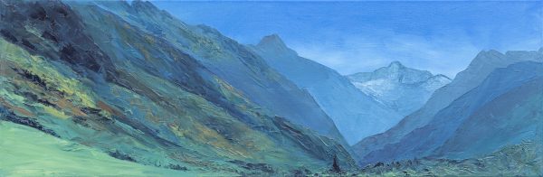 One of Laura Porteous' original landscape artworks. The welcoming sight as you drive into the valley at floor level. Layers of mountains and green hillsides. A church is visible in the village skyline.
