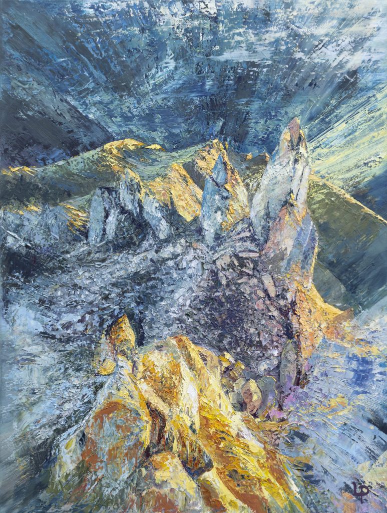One of Laura Porteous' original landscape artworks. The guardians of Pierre Avoi above Saxon, Valais. The view is of the low sun hitting the rocks to light them up in golden colours. This is a very textured painting.
