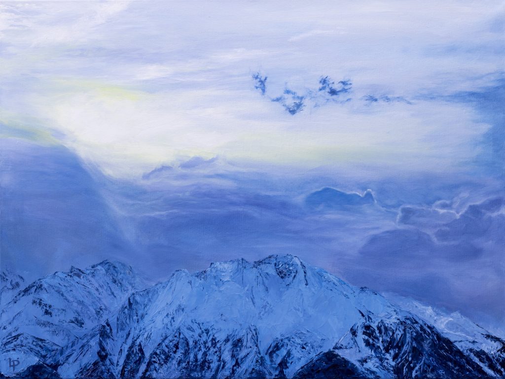 Dramatic skyscape over a lower alpine mountain in Switzerland. Lots of clouds and light shining through. Oil on canvas painting with lots of blues and purples. One of Laura Porteous' original landscape artworks.