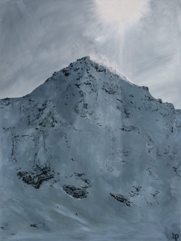 Monochrome snowy mountain painting of the Bec des Rosses, Verbier