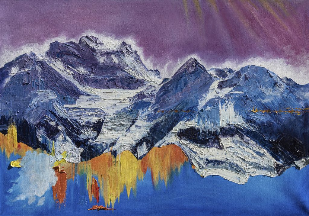 One of Laura Porteous' original landscape artworks. Reversible semi abstract mountain-scape symbolising different weather fluctuations. Featuring Les Combins, in Valais Switzerland.