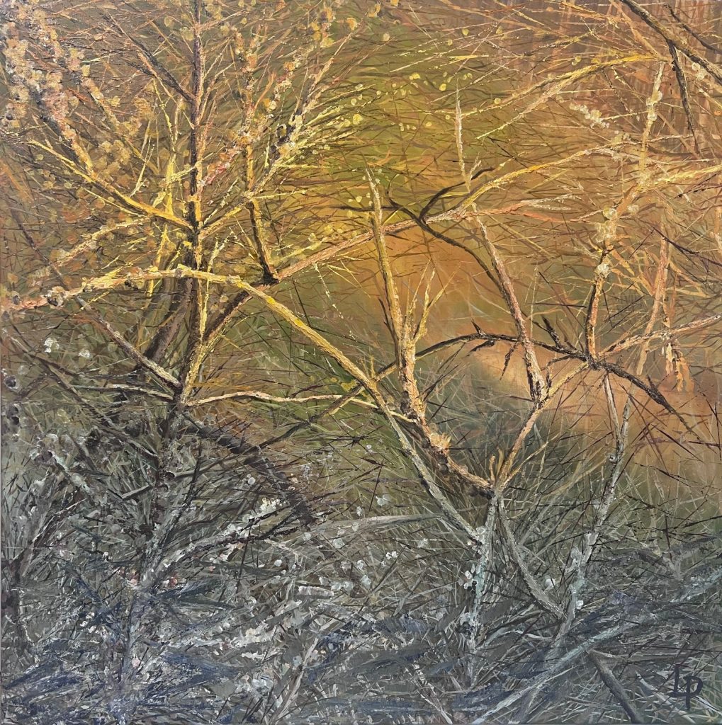 One of Laura Porteous' original landscape artworks. A thicket of bare twigs and branches in the golden hour lighting of sunset. Oranges and yellows ombre to a darker grey shaded bottom.