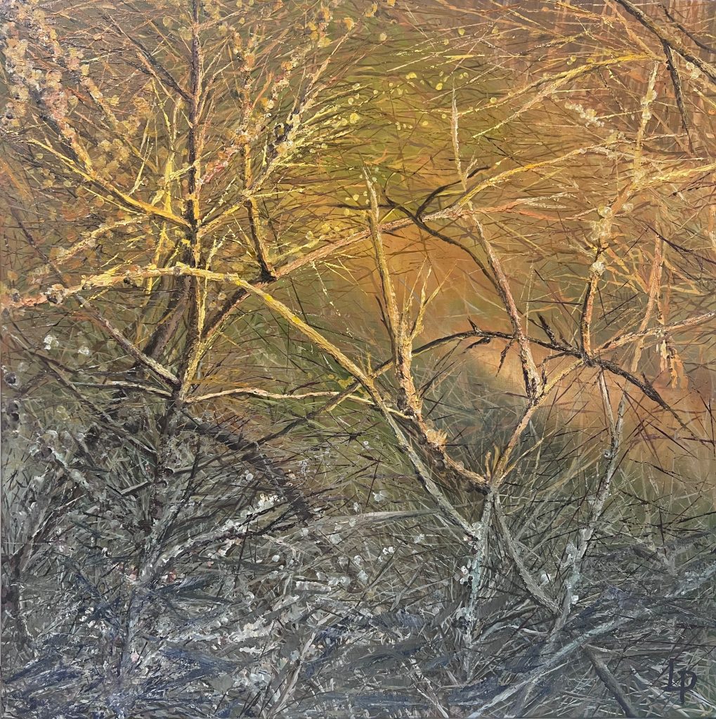 One of Laura Porteous' original landscape artworks. Golden Ombre, twigs and sticks from trees in amber evening light. Semi abstract textural painting.