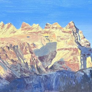 One of Laura Porteous' original landscape artworks. Les Dents du Midi at sunrise. The Eastern rock face is lit up golden yellow in the first light on the day in the Swiss/French alpine landscape.
