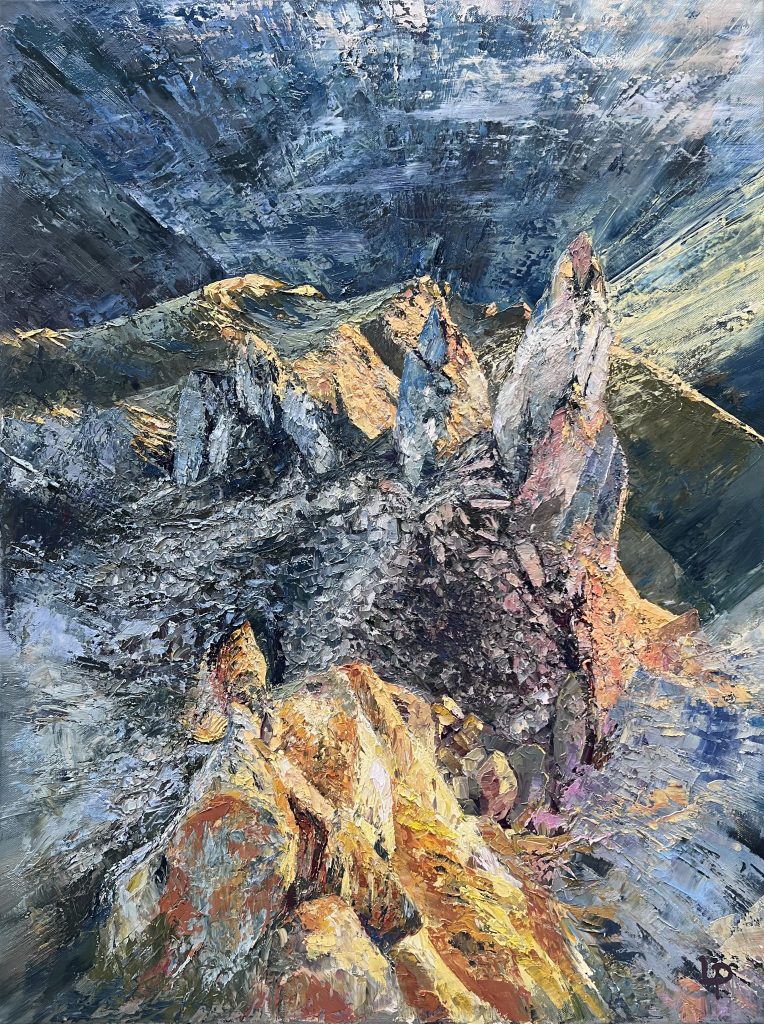 Alpine landscape, original oil on canvas painting. Guardians of Pierre Avoi at golden hour.