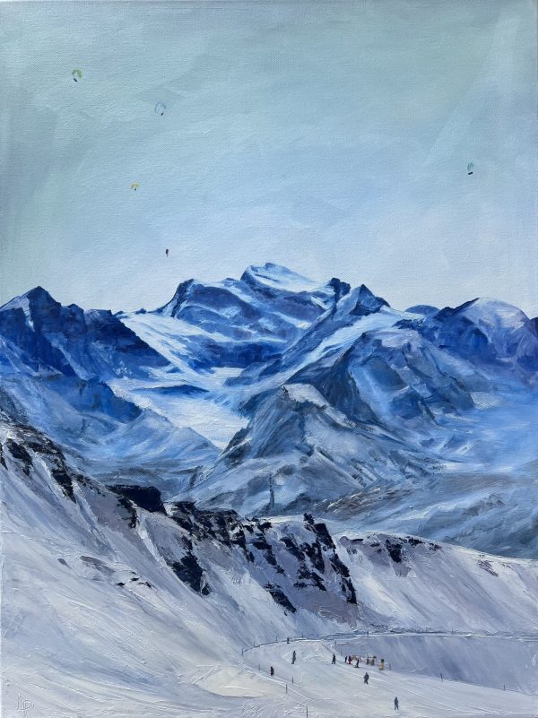 One of Laura Porteous' original landscape artworks. View of the Grand Combin on a normal winter day from the pistes of the Swiss ski resort of Verbier.
