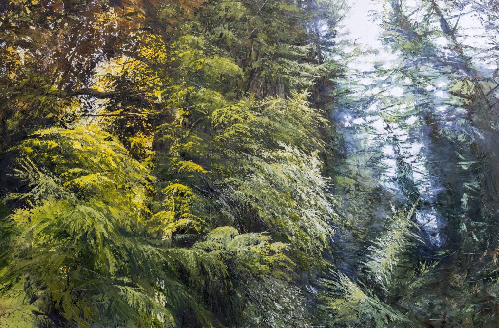 Large scale original painting of natural rain forest on Vancouver Island. One of Laura Porteous' original landscape artworks in the flora collection. "Equilibrium"