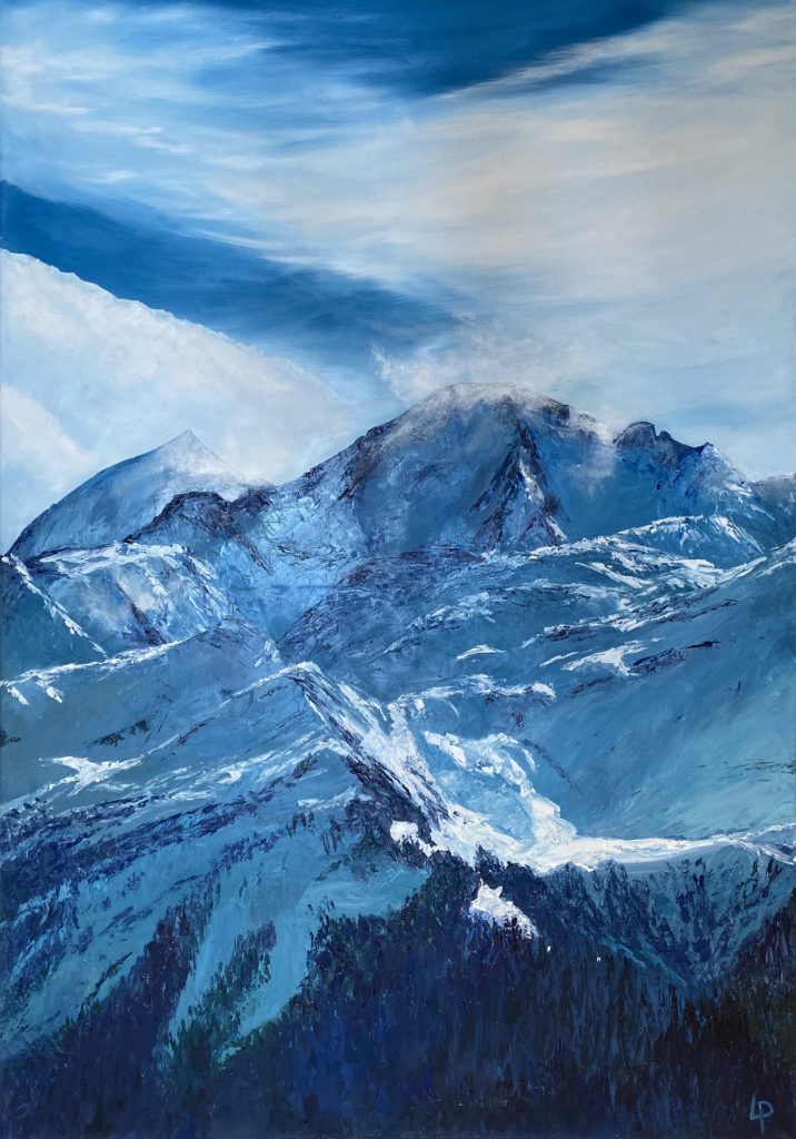 One of Laura Porteous' original landscape artworks. Cold blue image of the Combin de Corbassiere and the Petit Combin in afternoon frosty light.