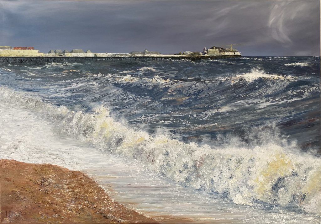 One of Laura Porteous' original landscape artworks. A commission of Brighton beach on a blustery day. The pier in the background with the rough sea between the pier and the pebble beach.