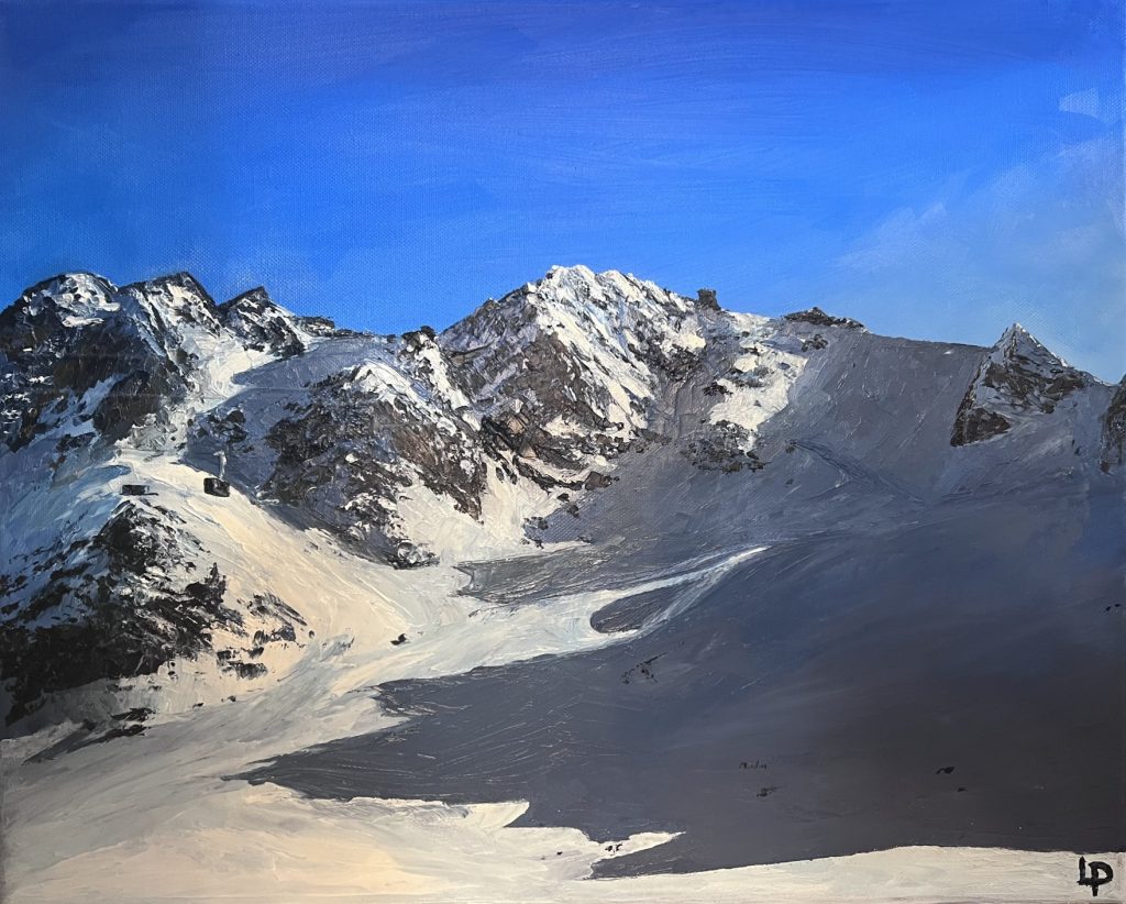 One of Laura Porteous' original landscape artworks. Mont Fort from Gentianes on a blue sky day. Also subtly featuring the Mont Fort gondola lift. A commission.