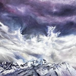Oil on canvas painting of heavy purple storm clouds beginning to envelope the mountains below. One of Laura Porteous' original landscape artworks.