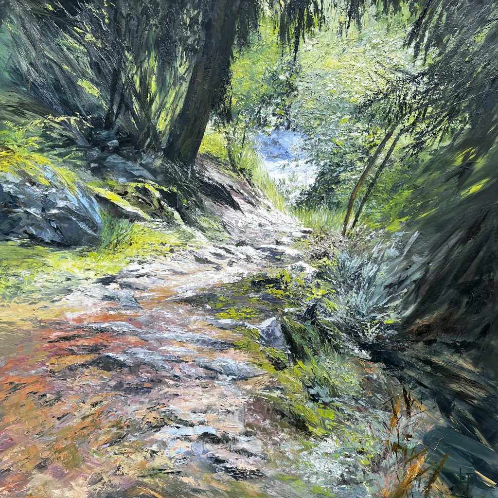 One of Laura Porteous' original landscape artworks. An uplifting trail lined with green and intriguing light.