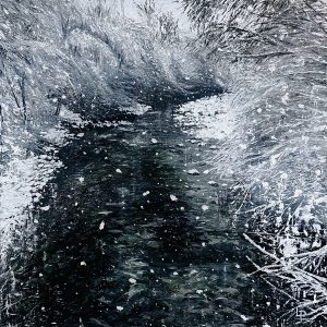 One of Laura's original landscape oil on canvas paintings. A dark river with some green and brown hues lines by heavily snow laden trees and branches. The snow is still falling and there are huge snowflakes in the foreground. A highly textured painting.