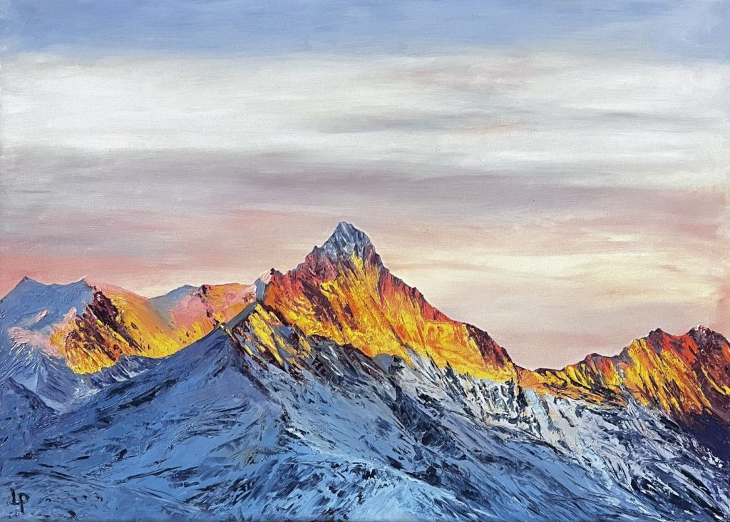 One of Laura's original landscape oil on canvas paintings. The Weisshorn in Haute Valais, Switzerland at golden hour sunset. Orange and pink snow capped mountains.