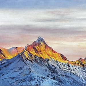 One of Laura's original landscape oil on canvas paintings. The Weisshorn in Haute Valais, Switzerland at golden hour sunset. Orange and pink snow capped mountains.