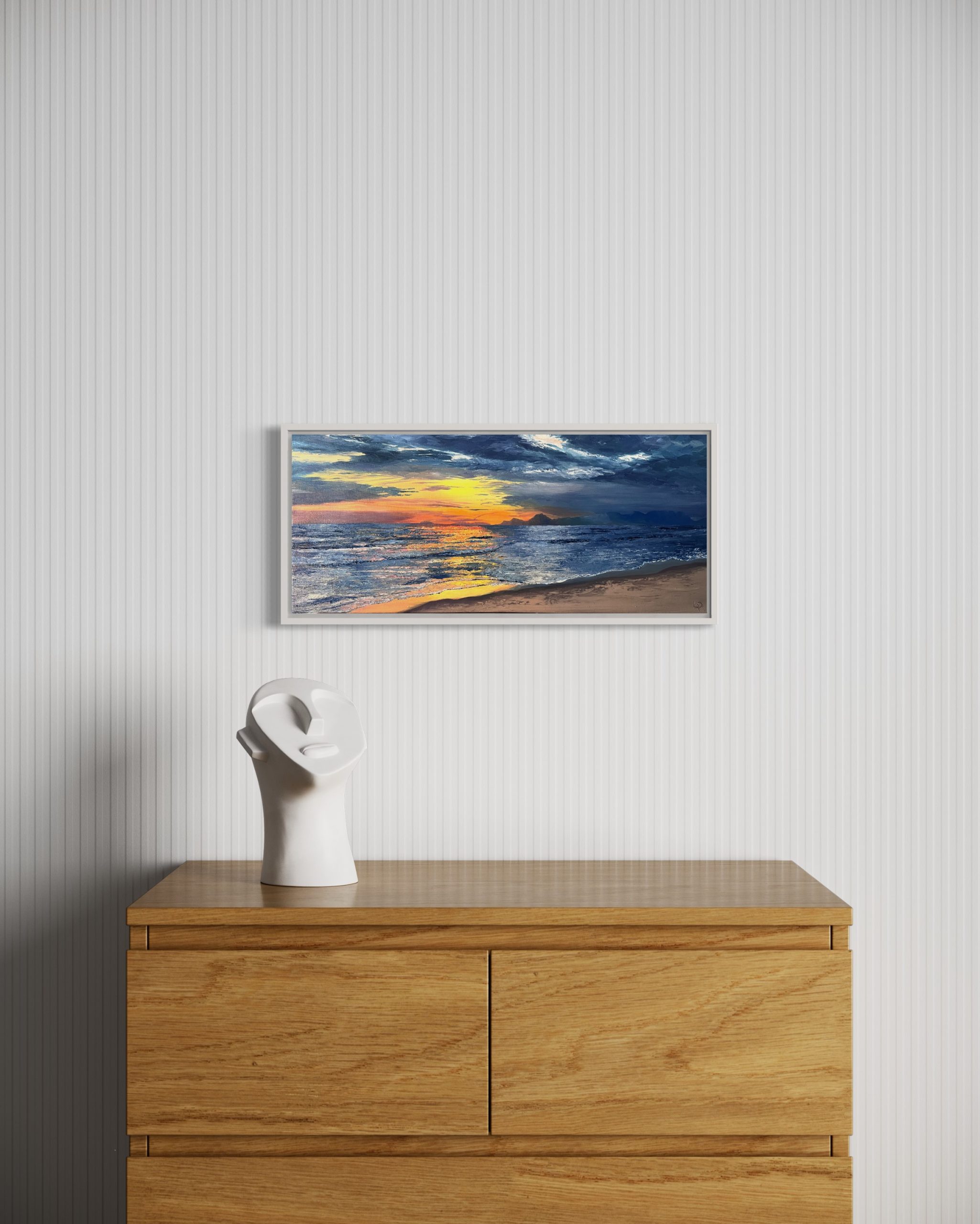 One of Laura Porteous' original landscape oil paintings. A sunset looking over the sea to the Amalfi Coastline from Paestum Beach. Painted with the palette knife and the brush.