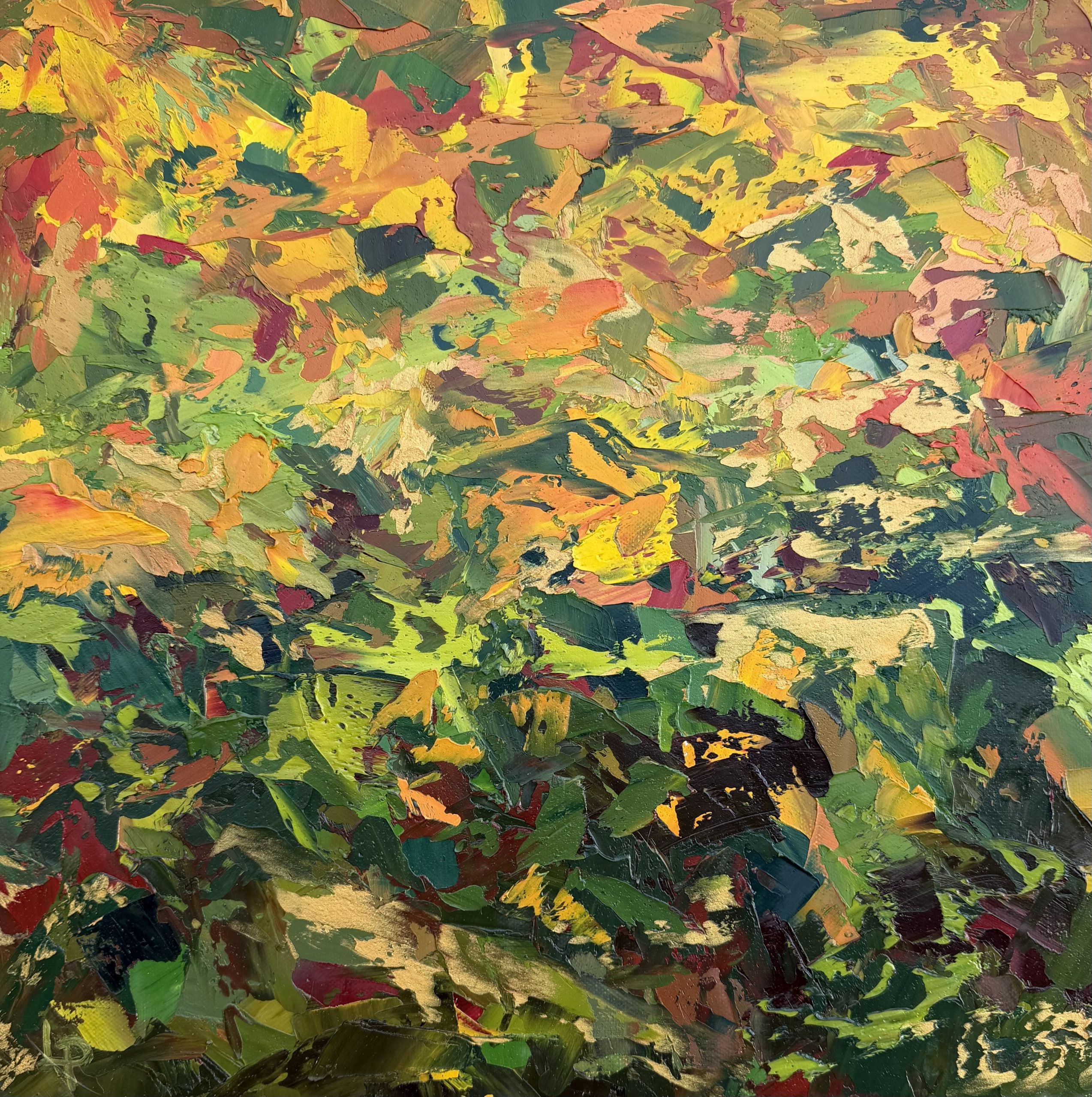 Abstract palette knife painting of fallen leaves in autumnal colours. 40x40cm Original oil on canvas painting.